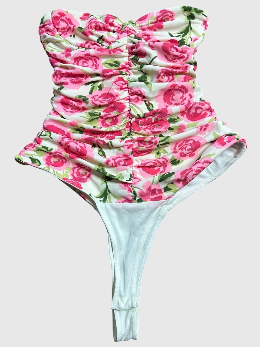 ZARA Ruched Strapless Floral Bodysuit Pink Rose Draped XS